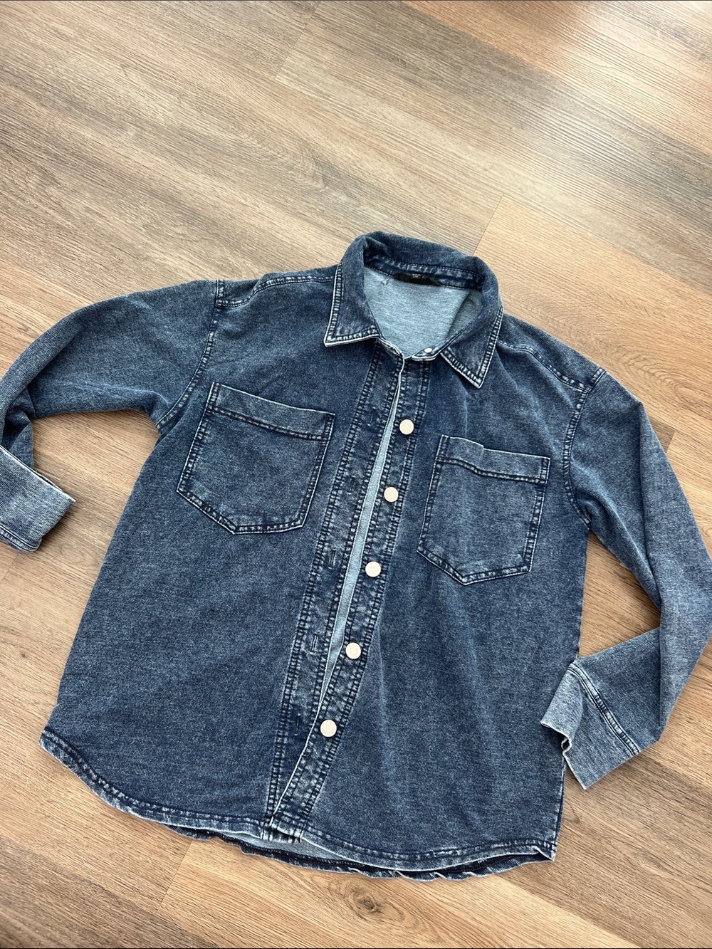 Washed Denim Button-Up Shirt Jacket in Dark Blue